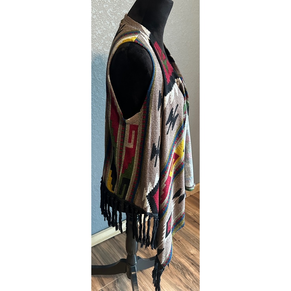 Le Lis Womens Southwestern Geometric Fringe Open Front M Vest Hippie Boho - Picture 6 of 13